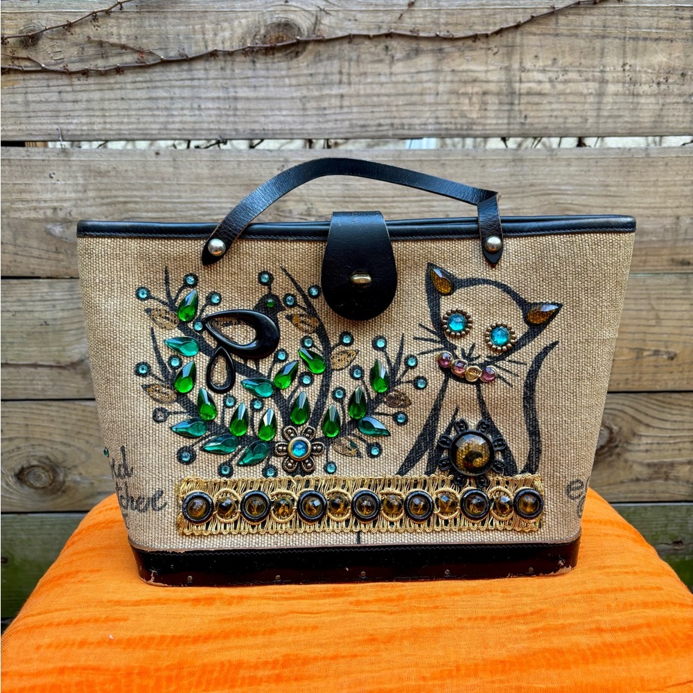 Embellished Cat Canvas Tote in Natural with Green and Black Accents